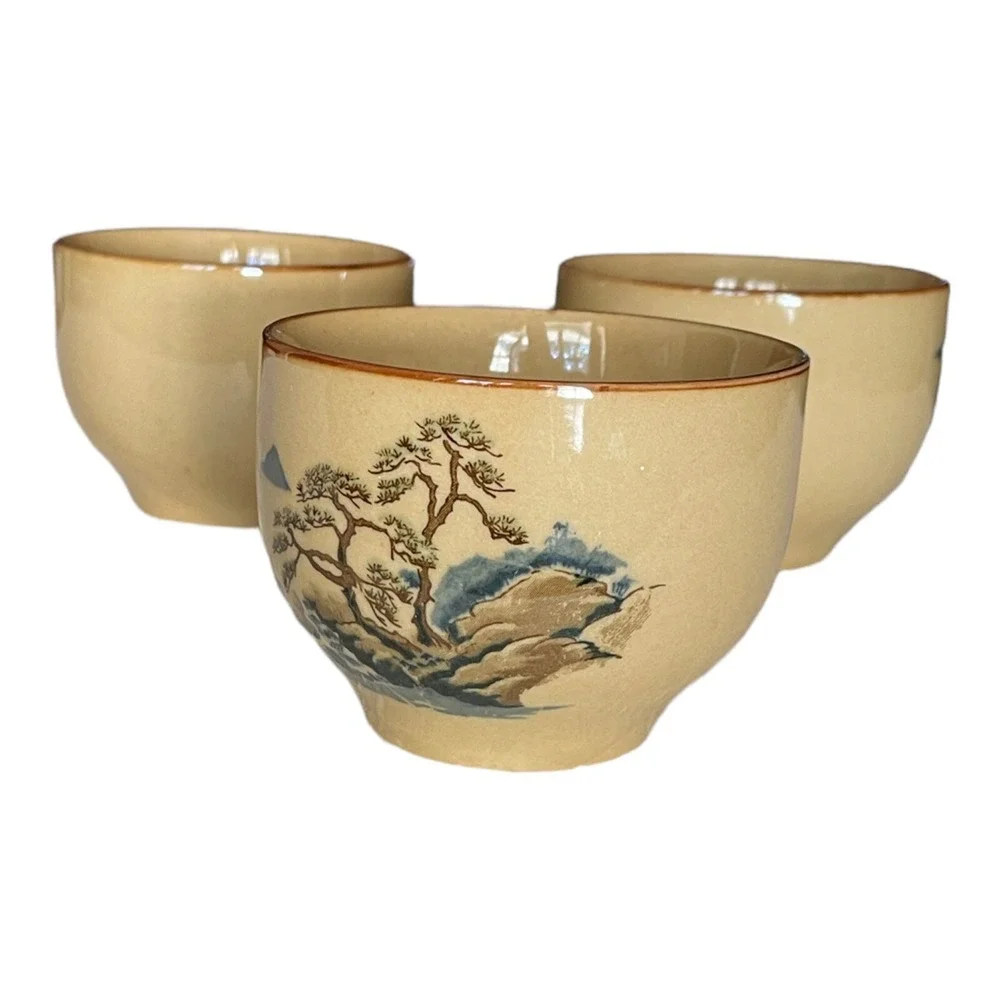 3 Vintage SAKI Japanese Sake/Tea Cups Tan with Landscape Ceramic Asian Decor